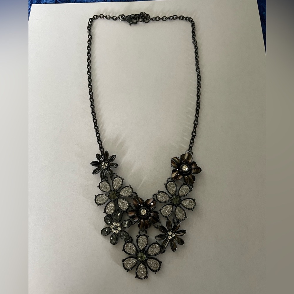 Black Floral Necklace with Faux Crystals